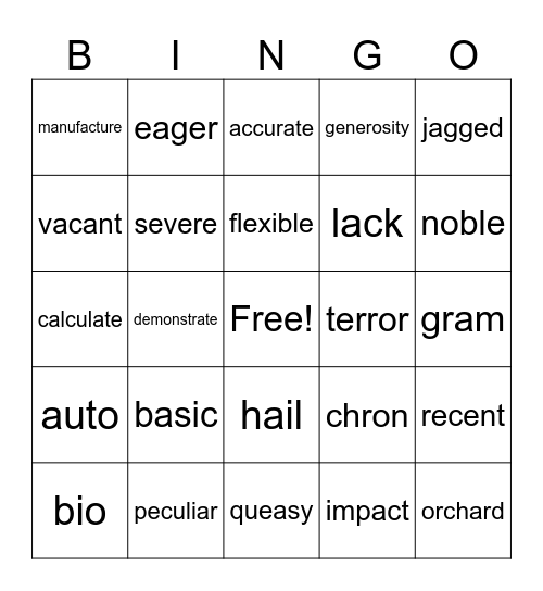 Vocabulary Bingo Card