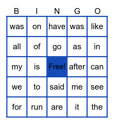 Basic Sight Words Bingo Card