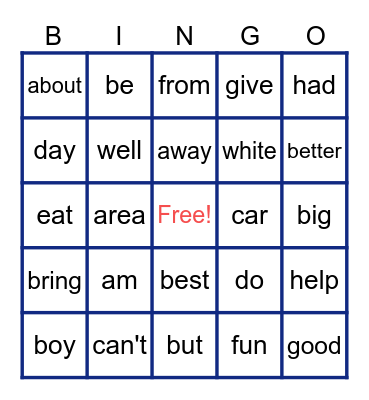 Basic Sight Words Bingo Card