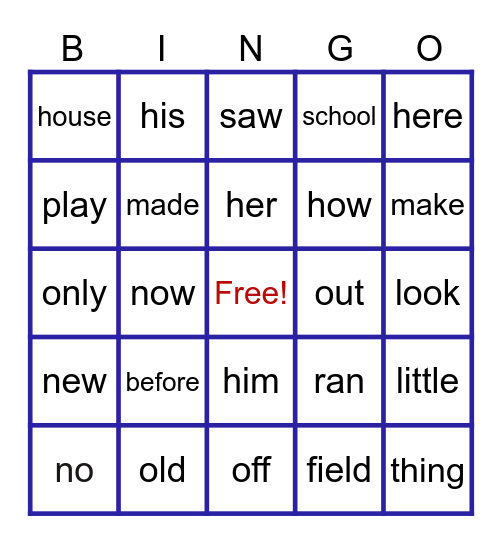 Basic Sight Words Bingo Card