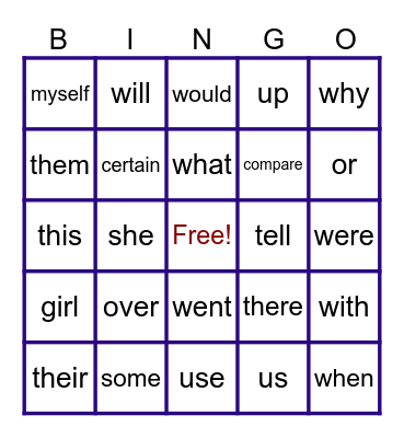 Basic Sight Words Bingo Card