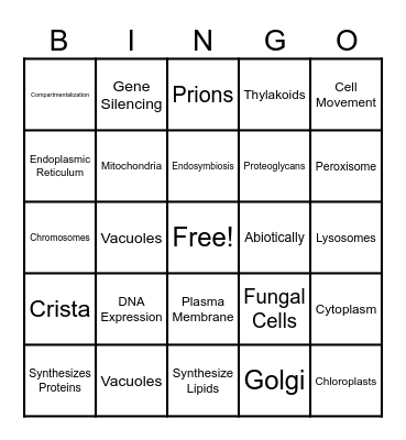 Cells & Organelles Bingo Card