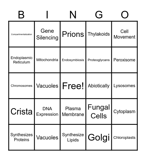 Cells & Organelles Bingo Card