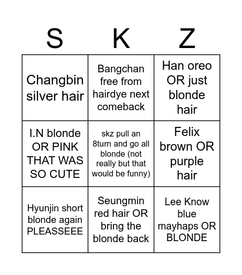 skz hair color Bingo Card