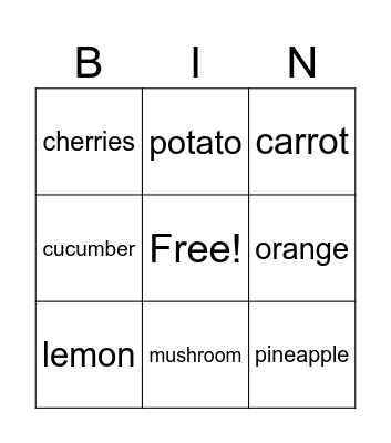 Food Bingo Card