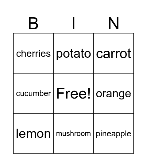 Food Bingo Card