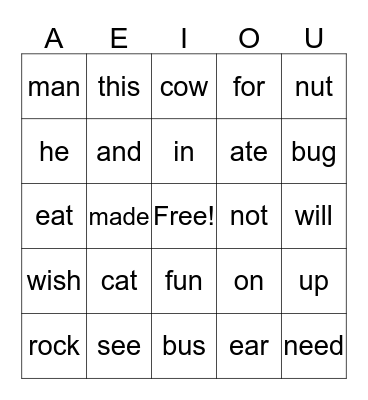 Lesson 50 Bingo Card