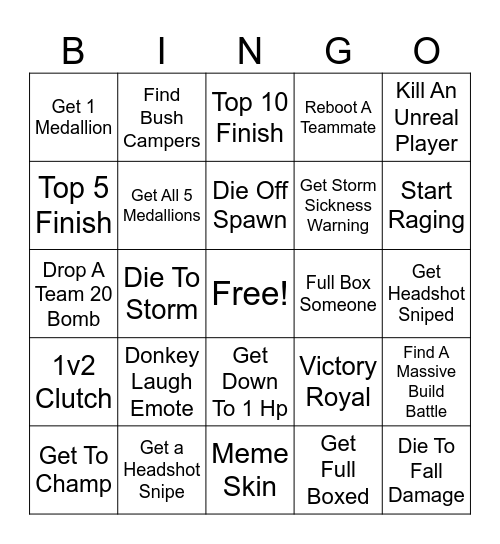 Fortnite Ranked Bingo Card