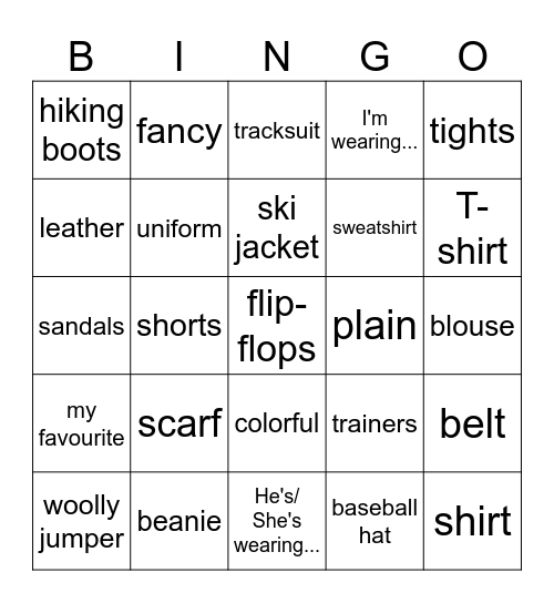 Klasa 3, Unit 5 Bingo Card