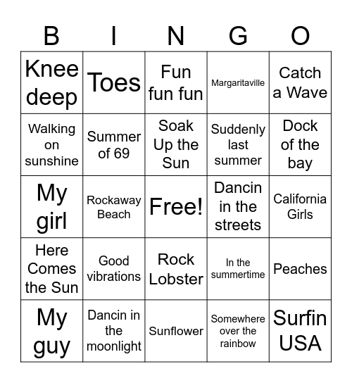 Beach Music Bingo Card