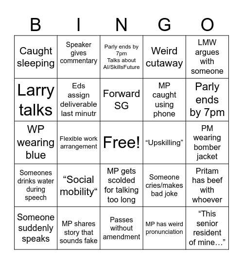 Budget Debate Bingo Card