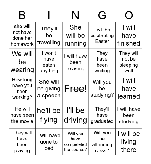 Future Tenses Bingo Card