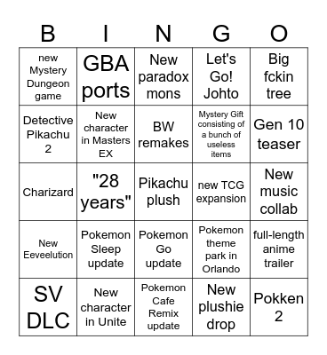 Pokemon Direct Bingo Card