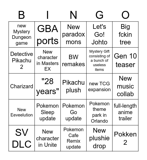 Pokemon Direct Bingo Card