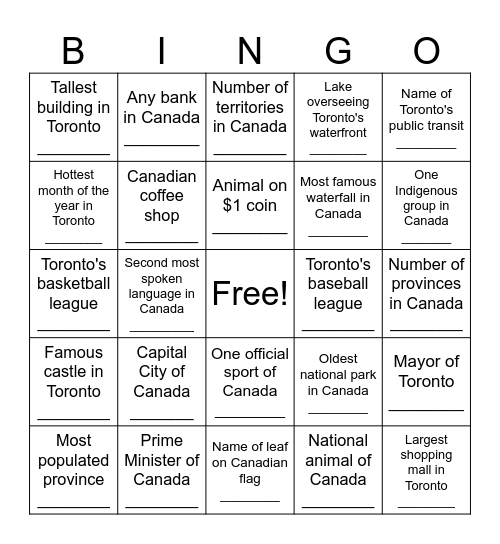 Canada Trivia Bingo Game Bingo Card