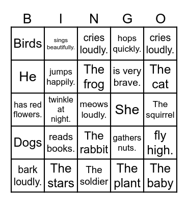 Subject and Predicate Bingo Card
