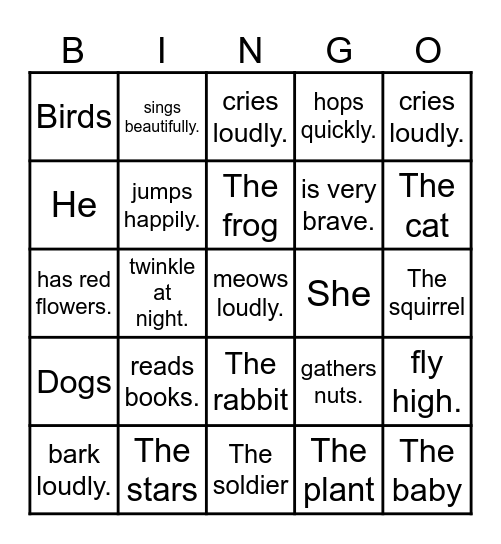 Subject and Predicate Bingo Card