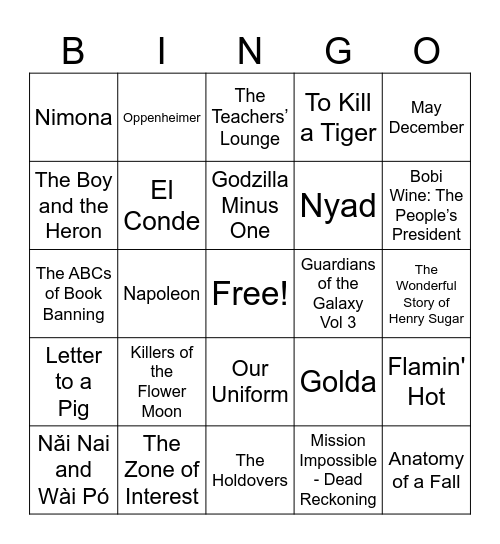 OSCARS 2024 Bingo Card