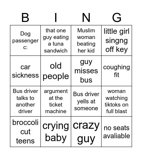 Bus Bingo Card