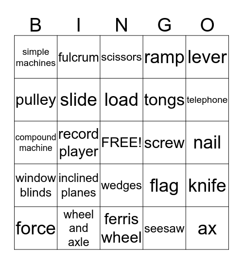 Simple Machines Bingo Card