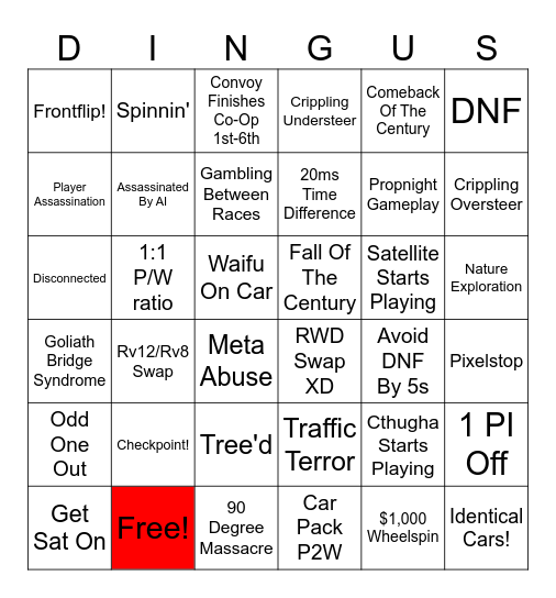 Dingus Bingo Card