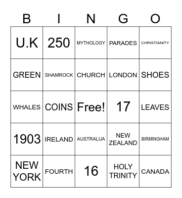 St. Patrick's Day Bingo Card