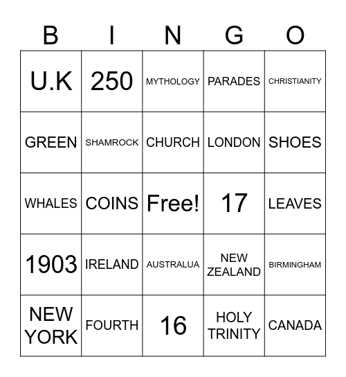 St. Patrick's Day Bingo Card