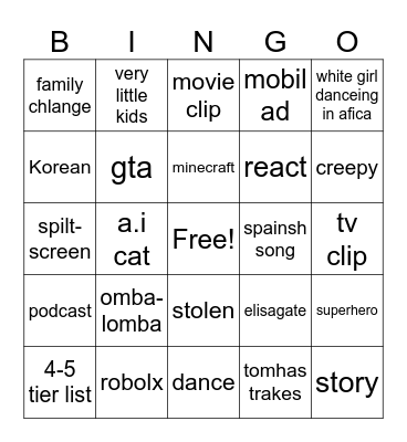 shorts 3 Bingo Card