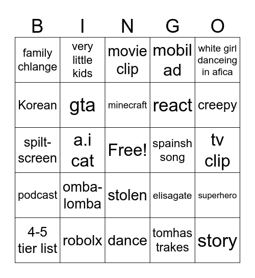 shorts 3 Bingo Card