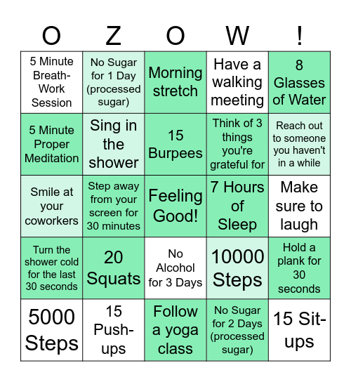 Ozow Fitness Competition Bingo Card
