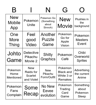 Pokemon Direct Bingo Card