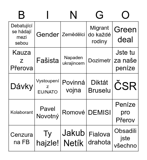 Bingo debata přerov Bingo Card