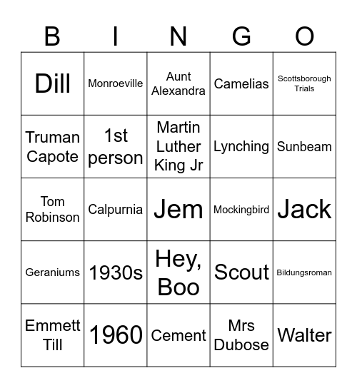 Mockingbird Bingo Card