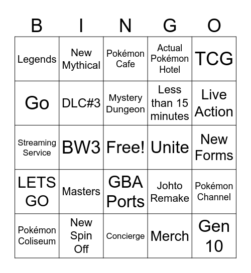Pokemon Direct Bingo Card