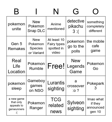 Pokemon Presents Bingo Card