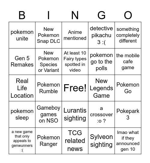 Pokemon Presents Bingo Card