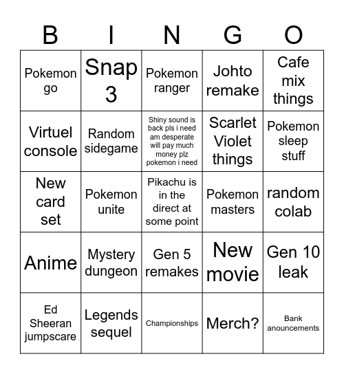 Pokémon day 2024 Bingo Card