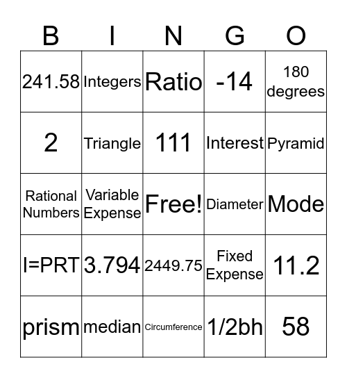 7th Grade Math Bingo Card