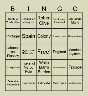 Kolonyalismo at Imperyalismo sa Timog at Kanlurang Asya Bingo Card