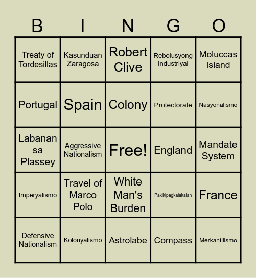 Kolonyalismo at Imperyalismo sa Timog at Kanlurang Asya Bingo Card