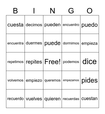 Present Tense Stem-Changing Verbs (Spanish) Bingo Card