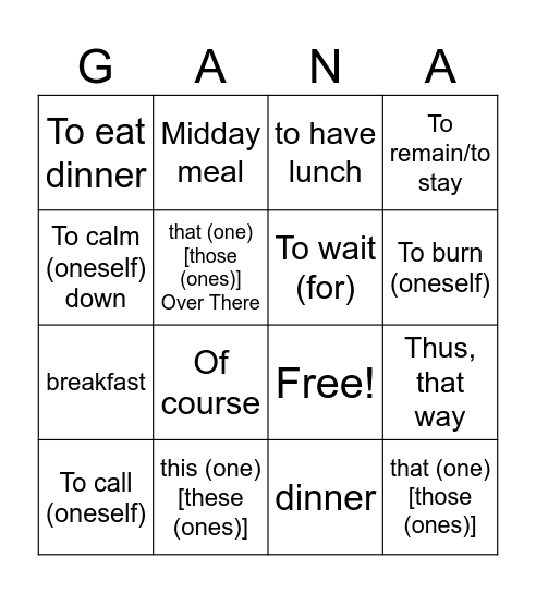 During the Day Vocabulary (SPA--> ENG) Bingo Card