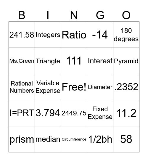 7th Grade Math Bingo Card