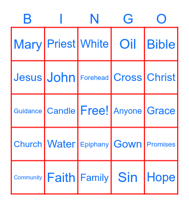 Baptism Bingo Card