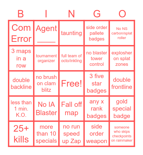 SPLATOON BINGO Card