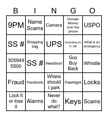 Crime Prevention Bingo Card