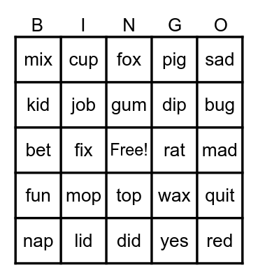CVC Words Bingo Card