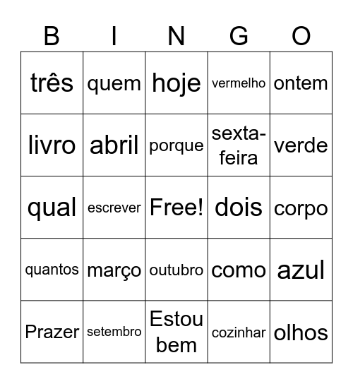 Portuguese Review Bingo Card