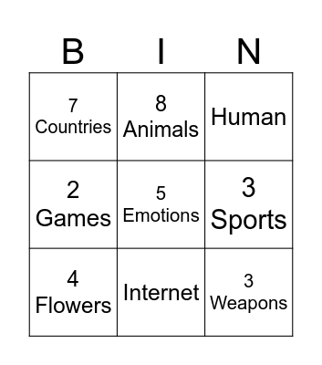 Segs Bingo Card