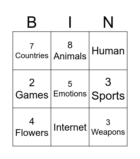 Segs Bingo Card